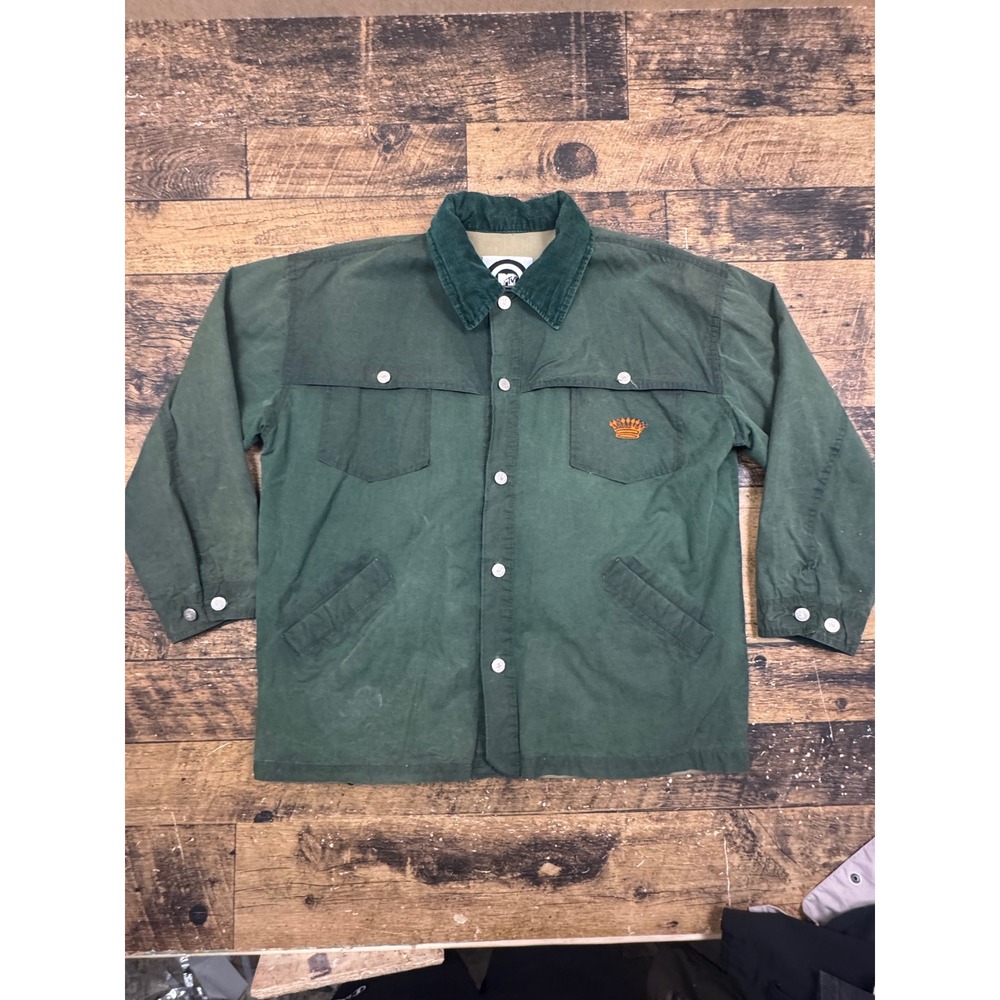 MTV Jams Men Green Chore Jacket Corduroy Collar Graphic Lining Crown Logo Size M